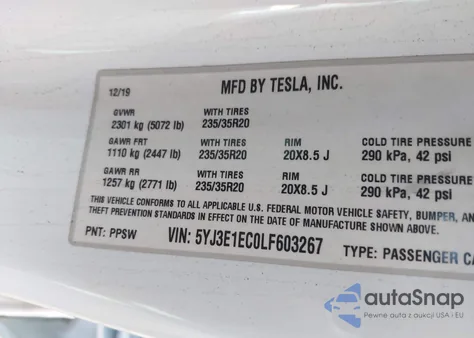 2020 Tesla Model 3 Performance z USA, uszkodzony, nr VIN 5YJ3E1EC0LF603267